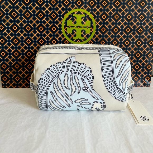 Tory Burch Virginia Printed Large Cosmetic Case Bag Blue Zebra Gold Blue Cream - Picture 2 of 10
